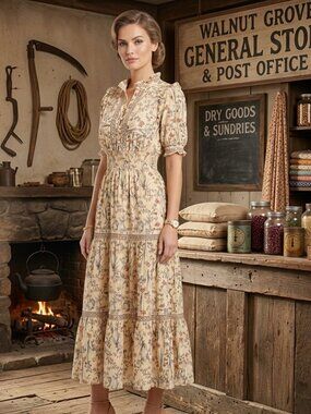 RARE VINTAGE 90s Max Studio Prairie Dress Yellow Floral Cottagecore Tiered Maxi